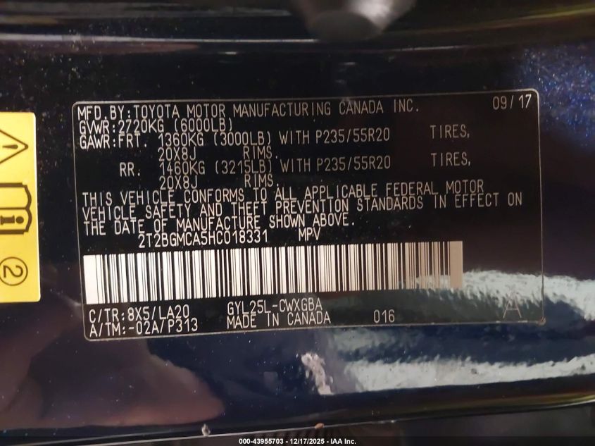 2017 Lexus Rx 450H VIN: 2T2BGMCA5HC018331 Lot: 43955703