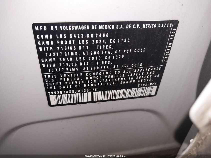 2018 Volkswagen Tiguan 2.0T Se/2.0T Sel VIN: 3VV2B7AX8JM133676 Lot: 43955704