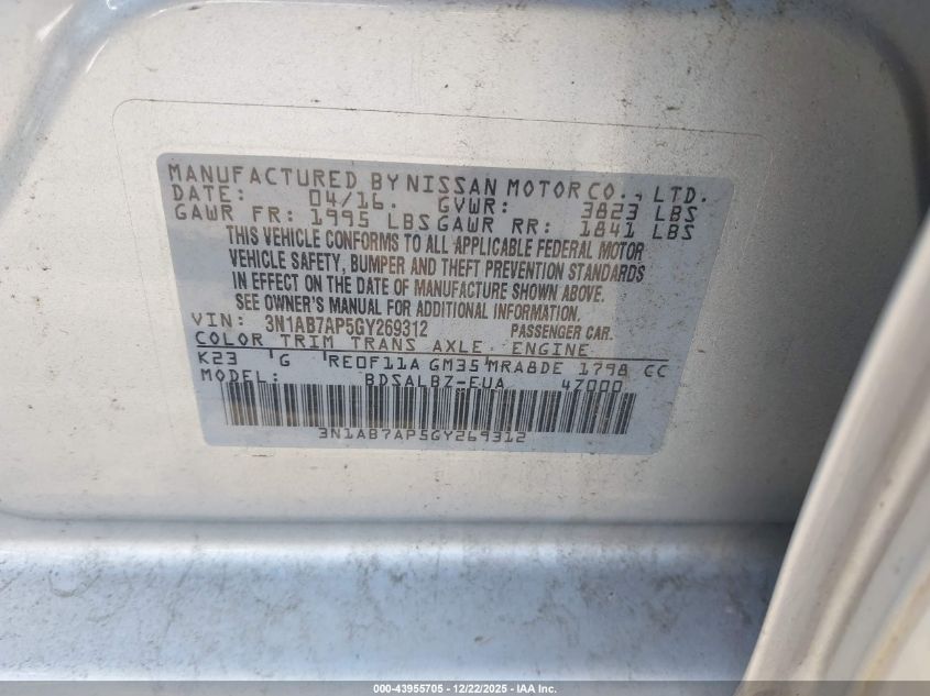 2016 Nissan Sentra S VIN: 3N1AB7AP5GY269312 Lot: 43955705