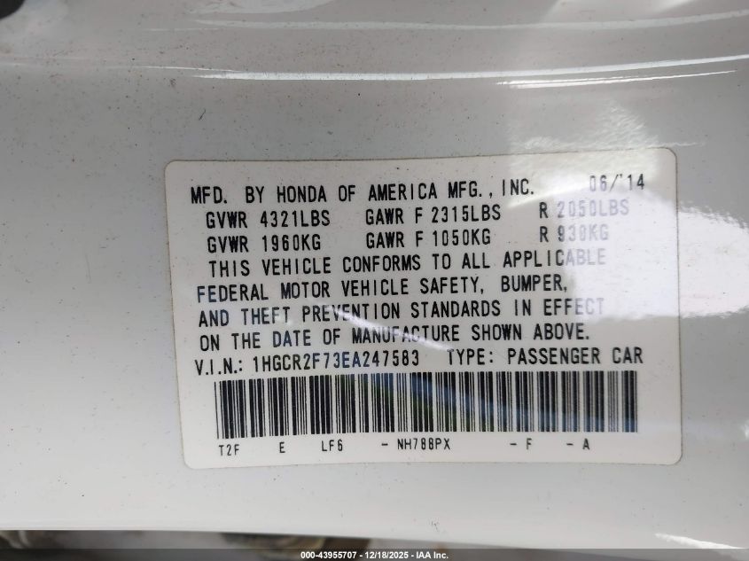 2014 Honda Accord Ex VIN: 1HGCR2F73EA247583 Lot: 43955707
