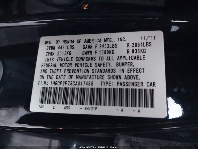 2012 Honda Accord 2.4 Ex VIN: 1HGCP2F78CA047480 Lot: 43955708