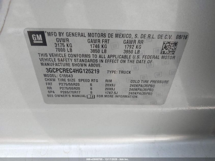 2017 Chevrolet Silverado 1500 1Lt VIN: 3GCPCREC4HG126219 Lot: 43955709