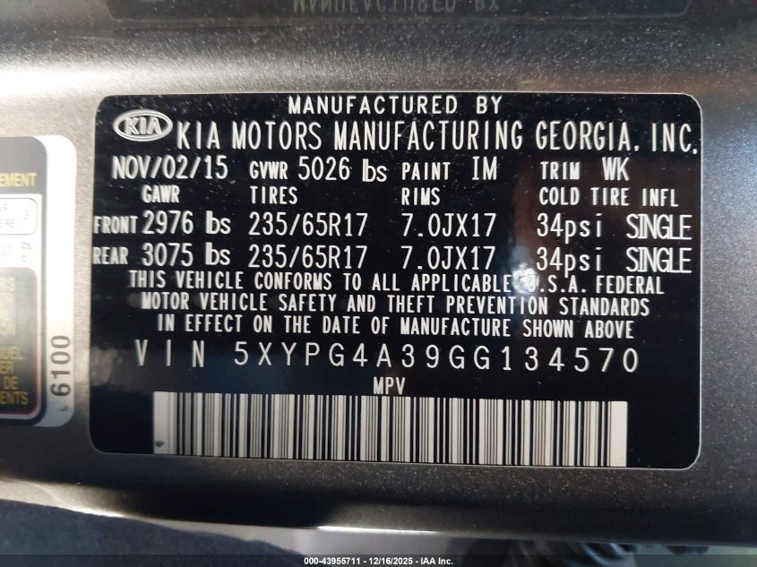 2016 Kia Sorento 2.4L Lx VIN: 5XYPG4A39GG134570 Lot: 43955711