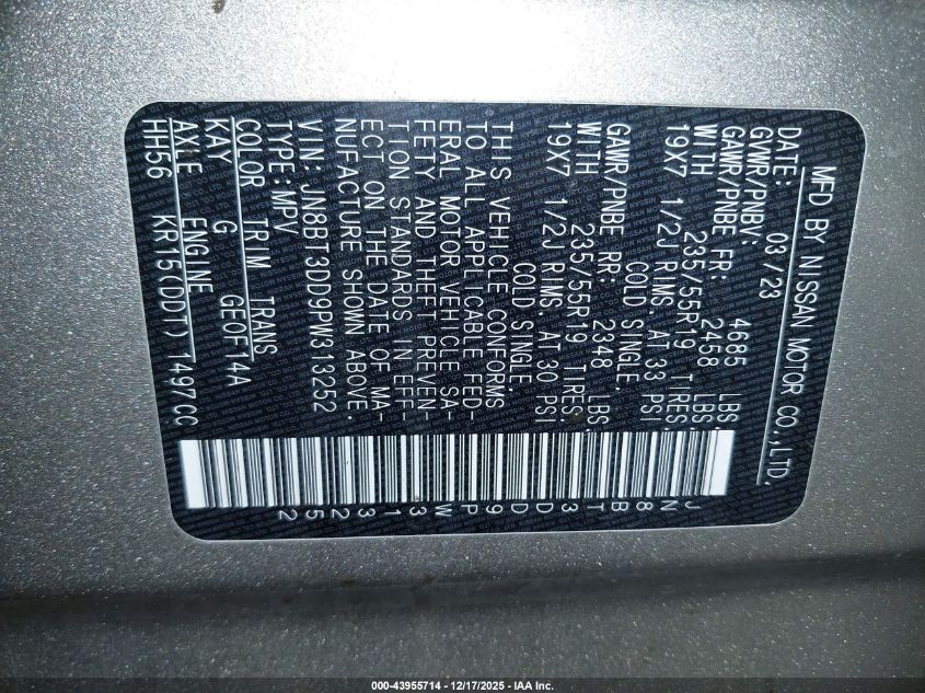 2023 Nissan Rogue Platinum Intelligent Awd VIN: JN8BT3DD9PW313252 Lot: 43955714