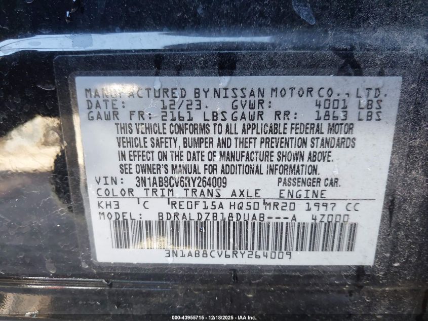 2024 Nissan Sentra Sv Xtronic Cvt VIN: 3N1AB8CV6RY264009 Lot: 43955715