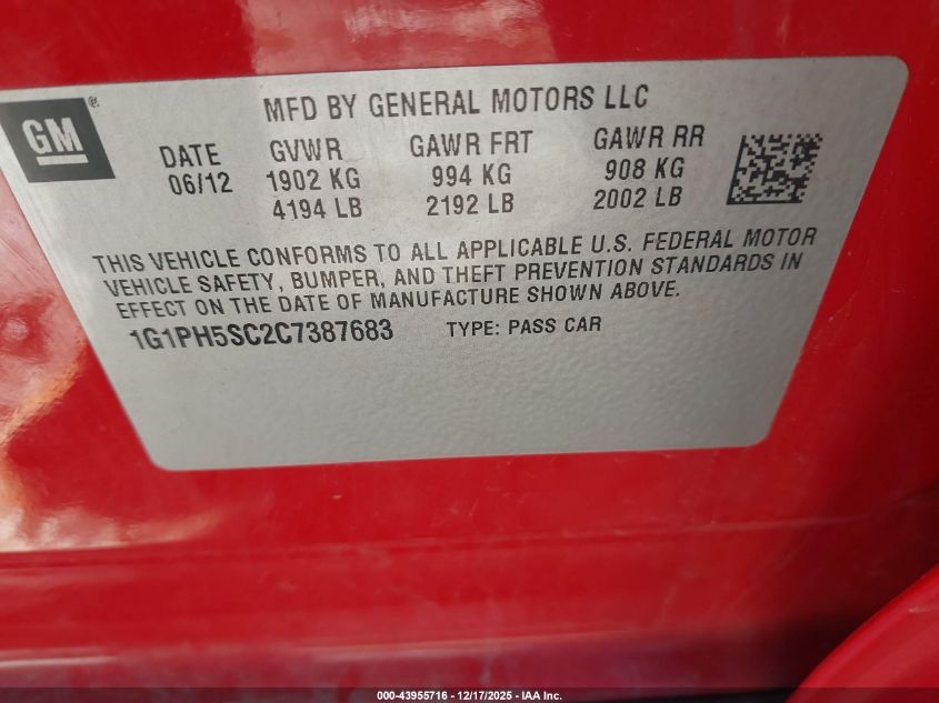 2012 Chevrolet Cruze Ltz VIN: 1G1PH5SC2C7387683 Lot: 43955716