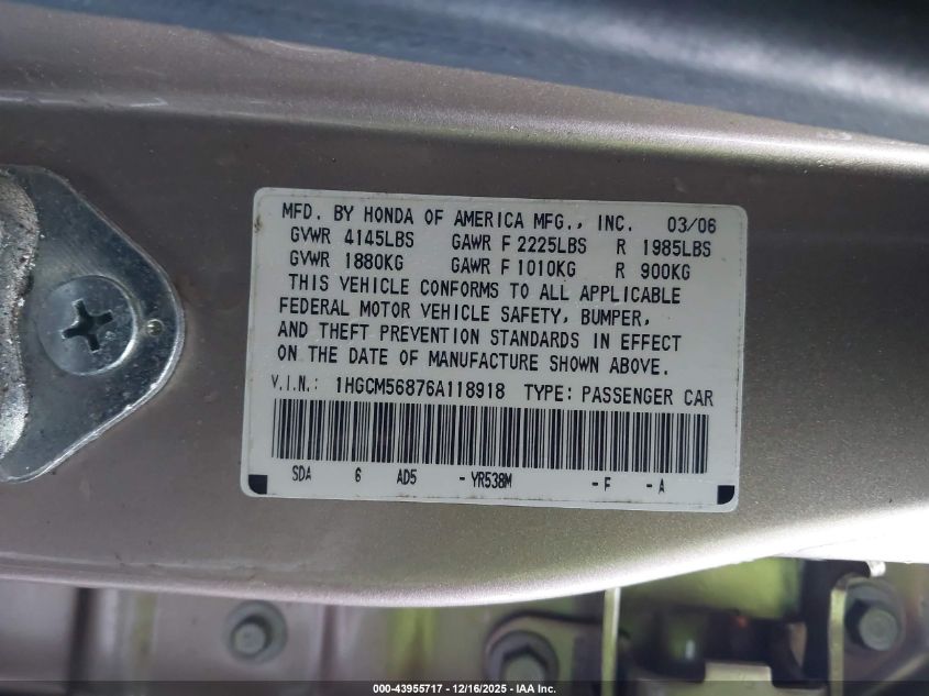 2006 Honda Accord 2.4 Ex VIN: 1HGCM56876A118918 Lot: 43955717