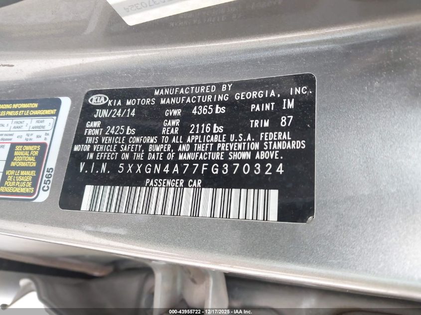 2015 Kia Optima Ex VIN: 5XXGN4A77FG370324 Lot: 43955722