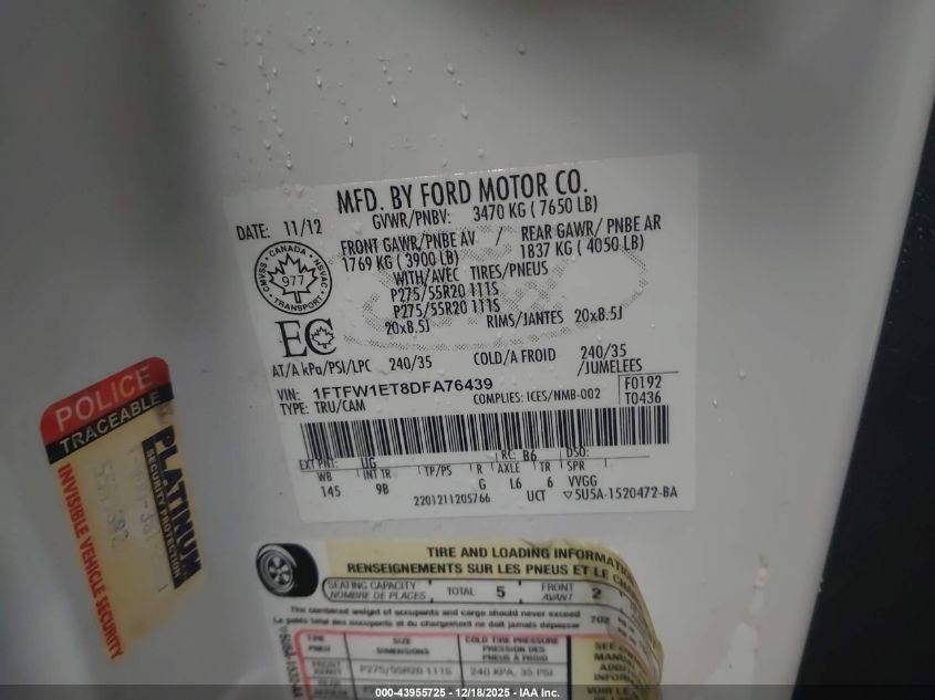 2013 Ford F-150 Platinum VIN: 1FTFW1ET8DFA76439 Lot: 43955725