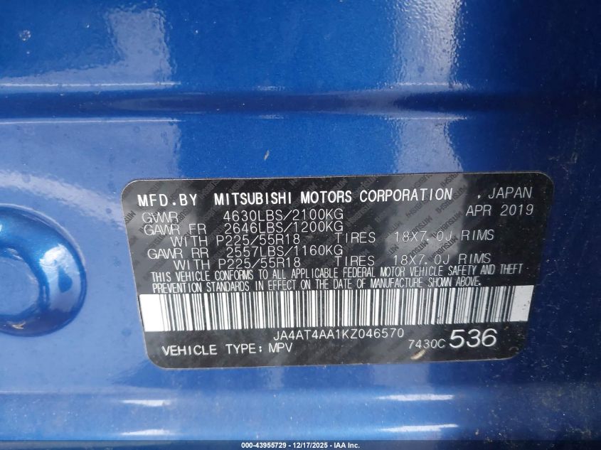 2019 Mitsubishi Eclipse Cross Le VIN: JA4AT4AA1KZ046570 Lot: 43955729