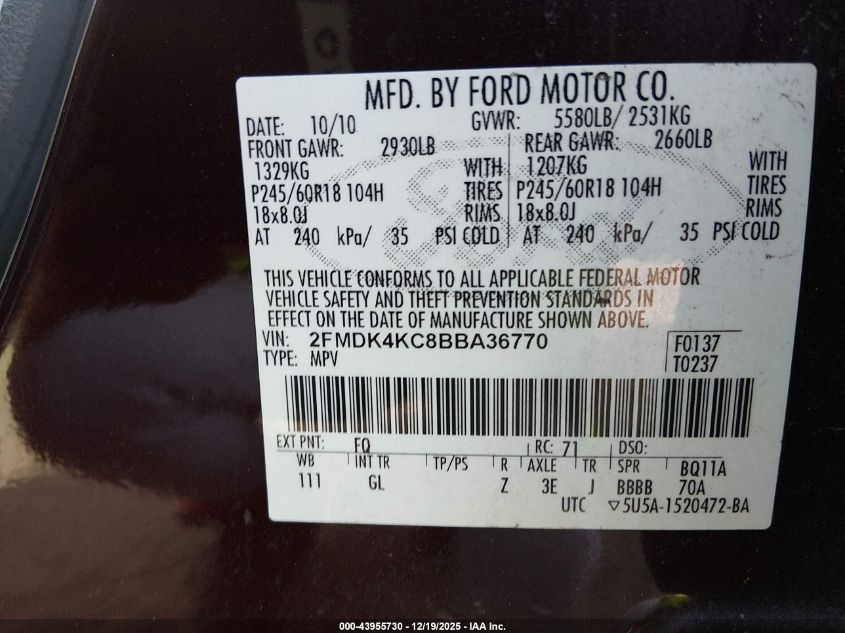 2011 Ford Edge Limited VIN: 2FMDK4KC8BBA36770 Lot: 43955730