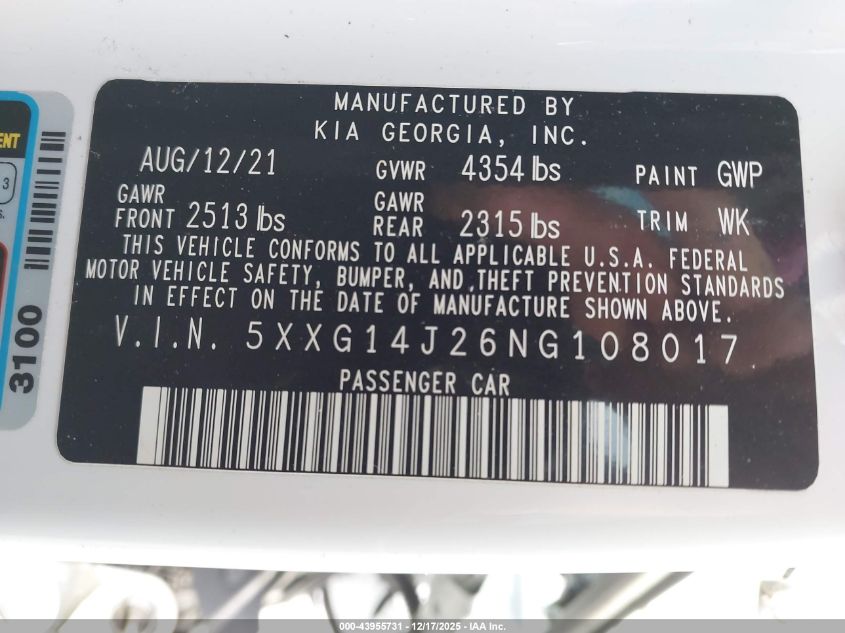 2022 Kia K5 Lxs VIN: 5XXG14J26NG108017 Lot: 43955731