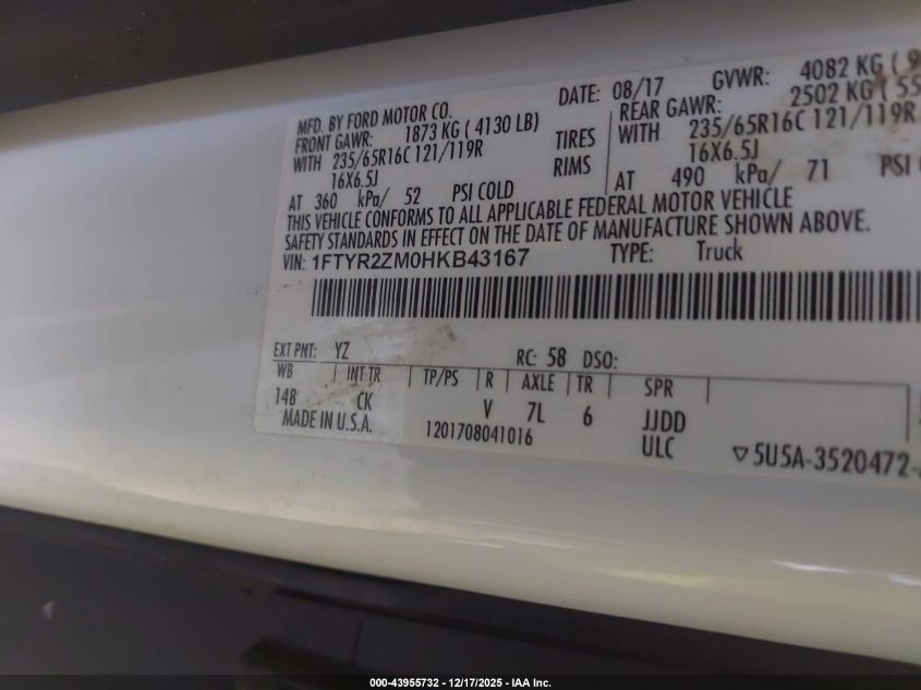 2017 Ford Transit-250 VIN: 1FTYR2ZM0HKB43167 Lot: 43955732