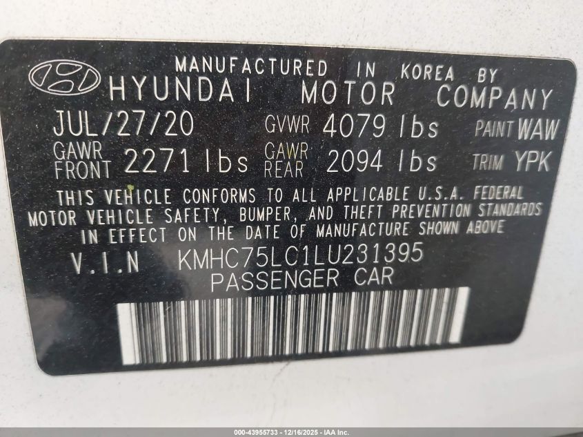 2020 Hyundai Ioniq Hybrid Se VIN: KMHC75LC1LU231395 Lot: 43955733