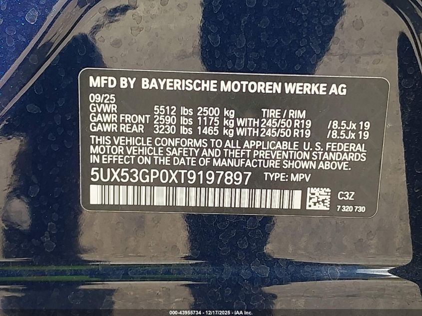 2026 BMW X3 30 xDrive VIN: 5UX53GP0XT9197897 Lot: 43955734