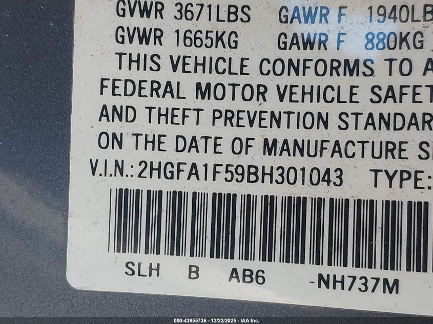 2011 Honda Civic Lx VIN: 2HGFA1F59BH301043 Lot: 43955736