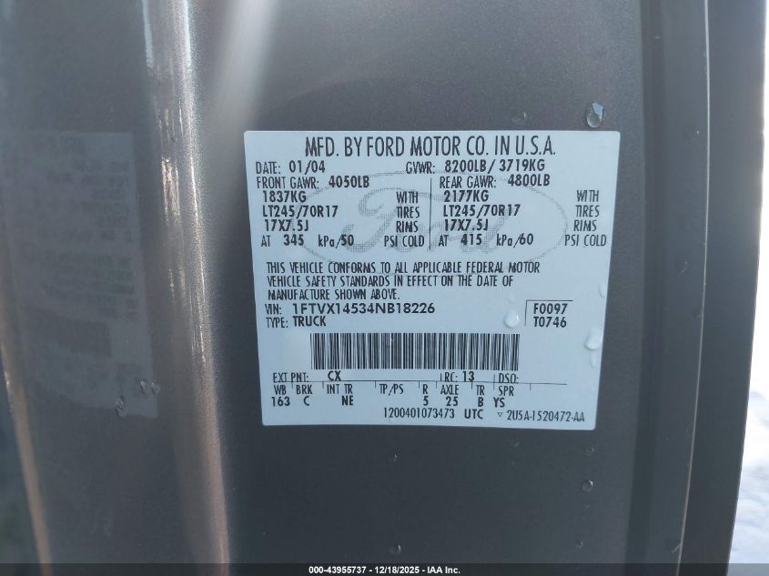 2004 Ford F-150 Xl/Xlt VIN: 1FTVX14534NB18226 Lot: 43955737