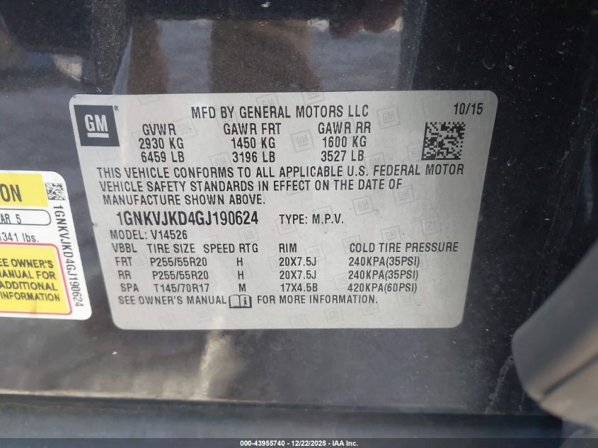 2016 Chevrolet Traverse Ltz VIN: 1GNKVJKD4GJ190624 Lot: 43955740