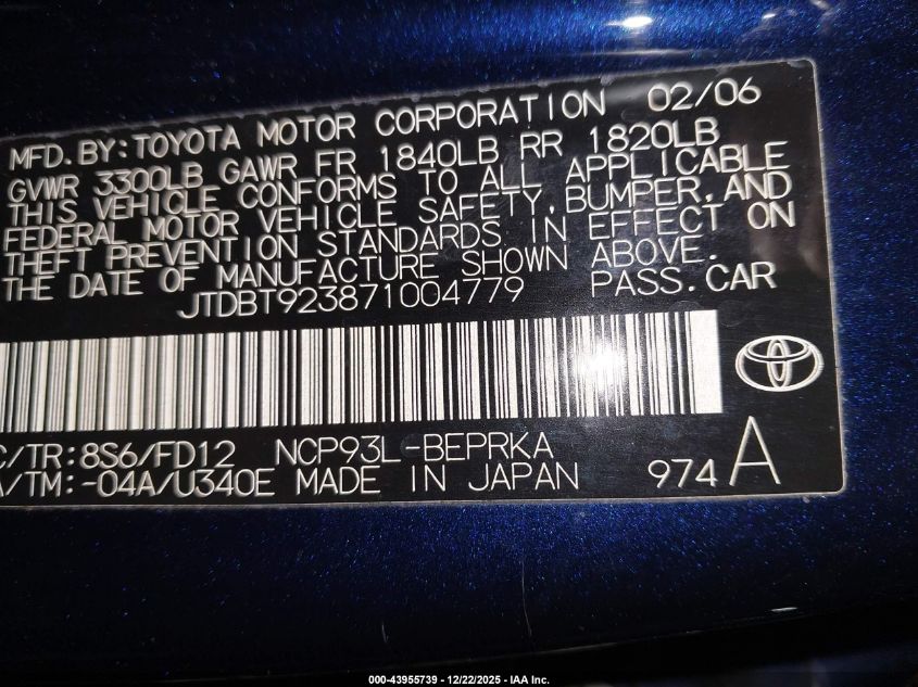 2007 Toyota Yaris VIN: JTDBT923871004779 Lot: 43955739