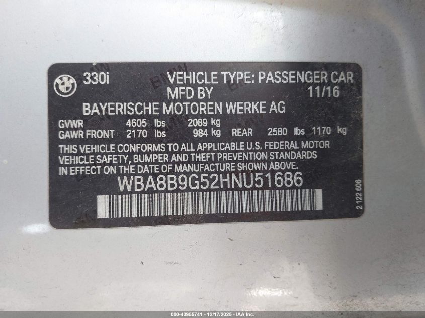 2017 BMW 330I VIN: WBA8B9G52HNU51686 Lot: 43955741
