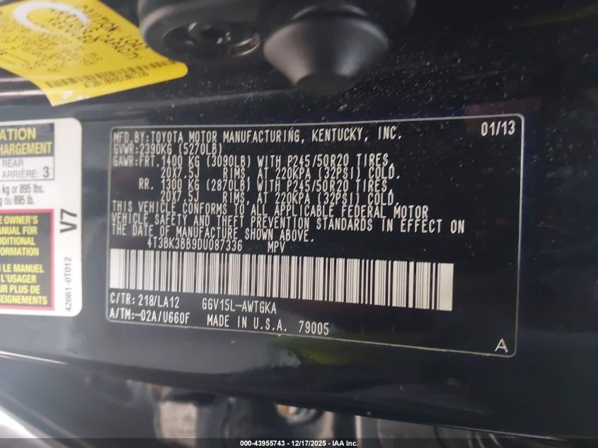 2013 Toyota Venza Xle V6 VIN: 4T3BK3BB9DU087336 Lot: 43955743