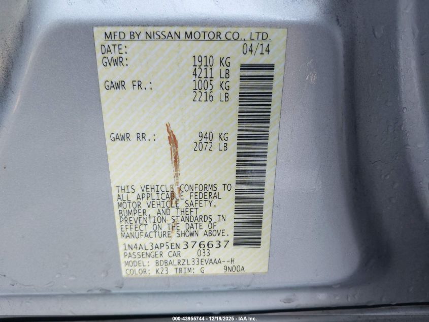 2014 Nissan Altima 2.5 S VIN: 1N4AL3AP5EN376637 Lot: 43955744