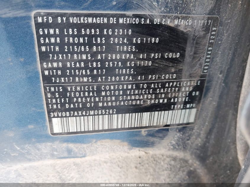 2018 Volkswagen Tiguan 2.0T S VIN: 3VV0B7AX4JM085262 Lot: 43955746