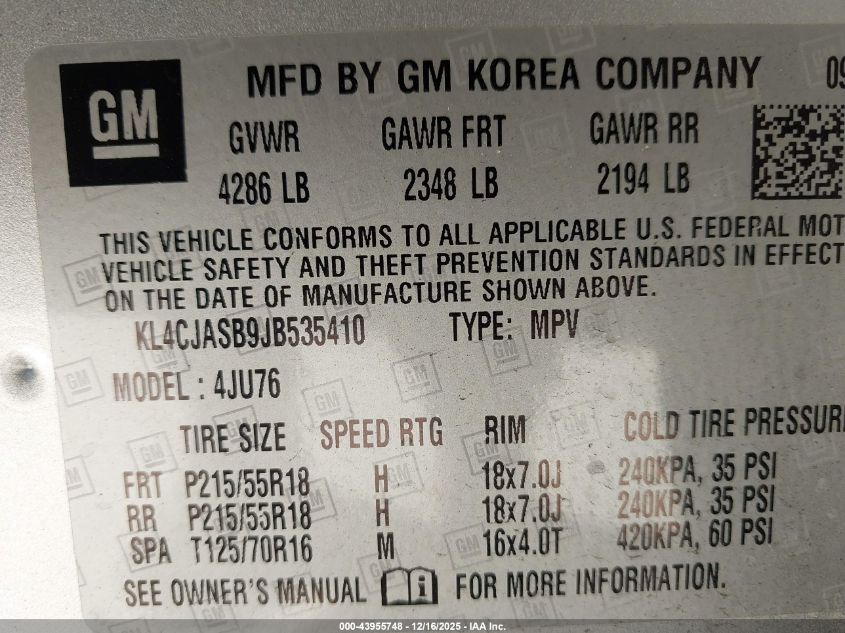 2018 Buick Encore Preferred VIN: KL4CJASB9JB535410 Lot: 43955748