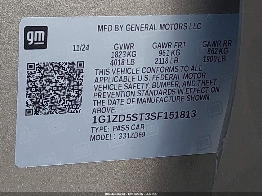 2025 Chevrolet Malibu Fwd 1Lt VIN: 1G1ZD5ST3SF151813 Lot: 43955753