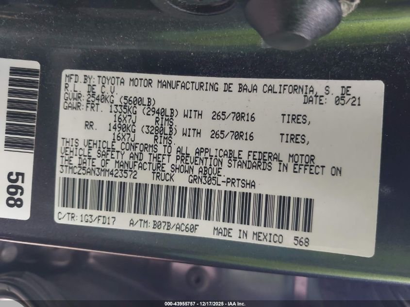 2021 Toyota Tacoma Trd Off-Road VIN: 3TMCZ5AN3MM423572 Lot: 43955757