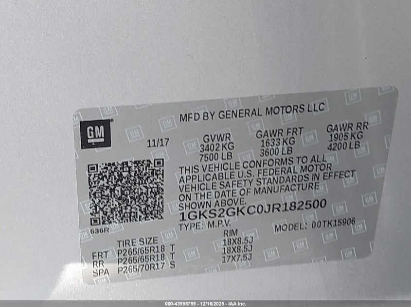 2018 GMC Yukon Xl Slt VIN: 1GKS2GKC0JR182500 Lot: 43955759