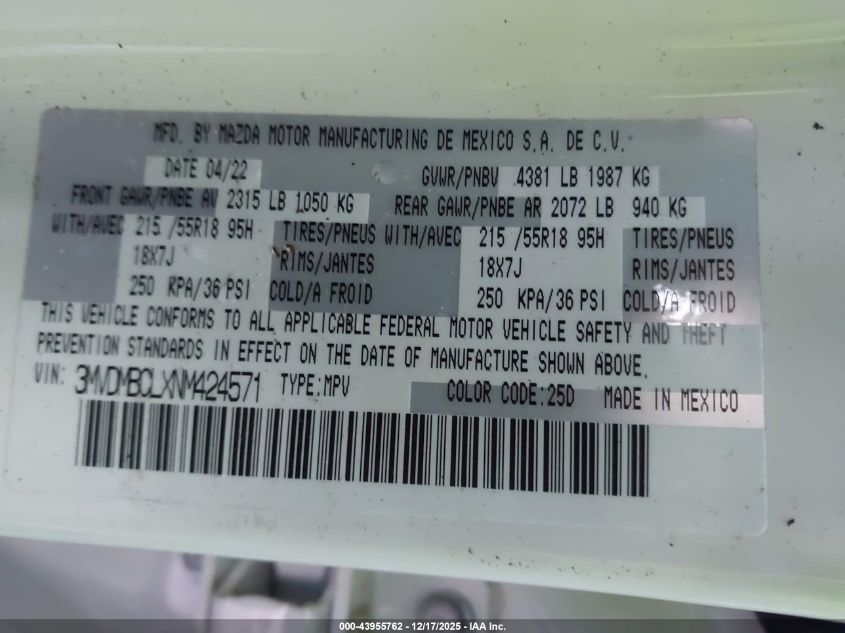 2022 Mazda Cx-30 Preferred VIN: 3MVDMBCLXNM424571 Lot: 43955762