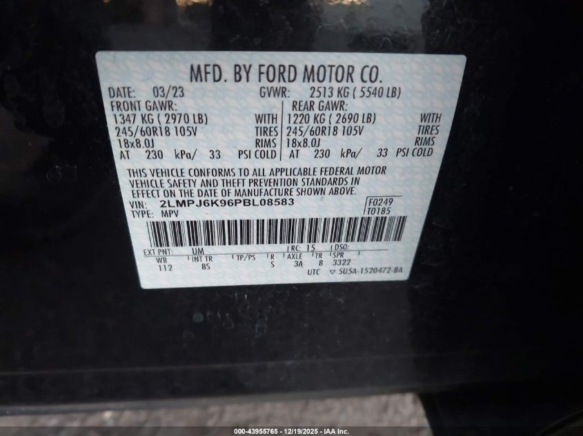 2023 Lincoln Nautilus Reserve VIN: 2LMPJ6K96PBL08583 Lot: 43955765