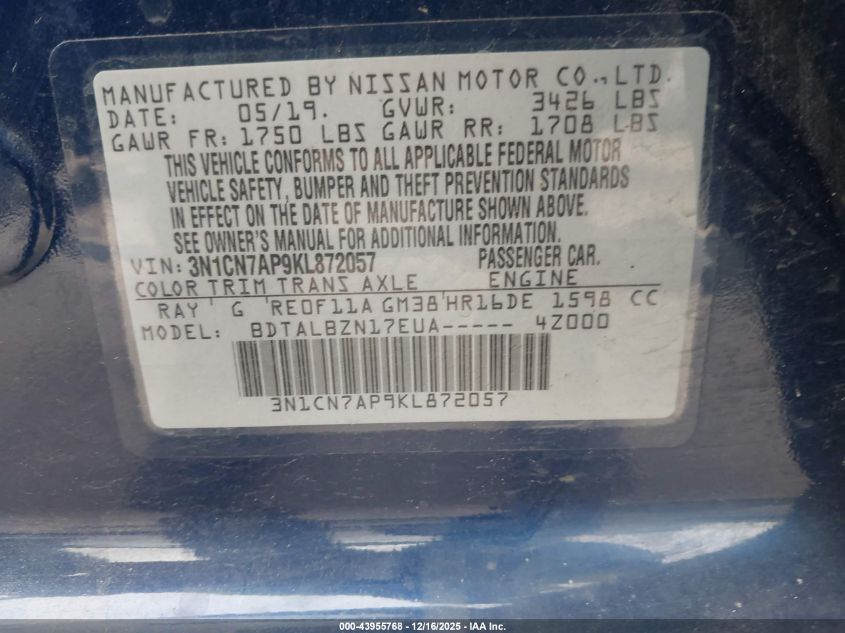 2019 Nissan Versa 1.6 Sv VIN: 3N1CN7AP9KL872057 Lot: 43955768