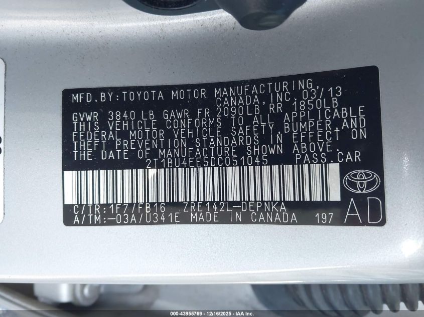 2013 Toyota Corolla Le VIN: 2T1BU4EE5DC051045 Lot: 43955769