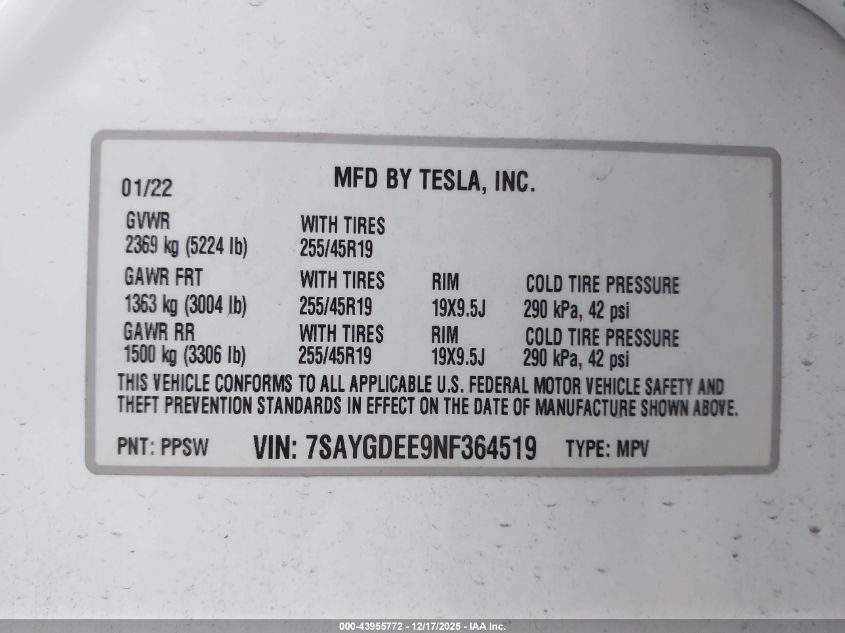 2022 Tesla Model Y Long Range Dual Motor All-Wheel Drive VIN: 7SAYGDEE9NF364519 Lot: 43955772