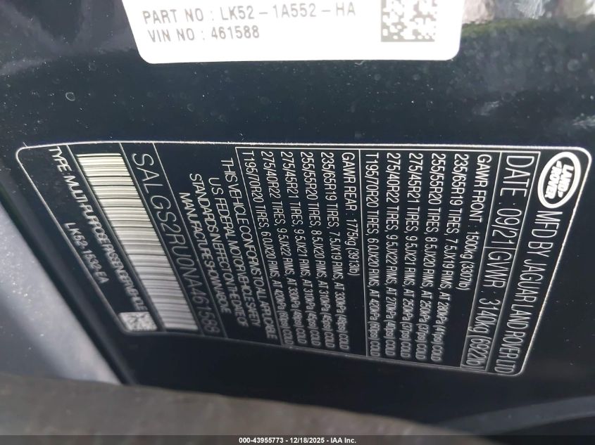 2022 Land Rover Range Rover Westminster VIN: SALGS2RU0NA461588 Lot: 43955773