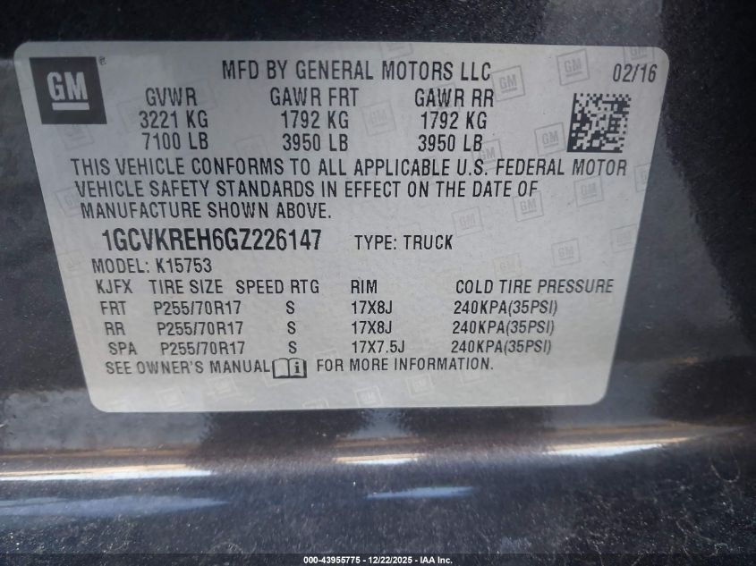 2016 Chevrolet Silverado 1500 1Lt VIN: 1GCVKREH6GZ226147 Lot: 43955775