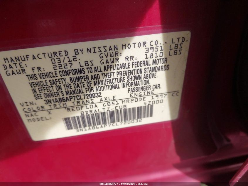 2012 Nissan Sentra 2.0 S VIN: 3N1AB6AP7CL720032 Lot: 43955777