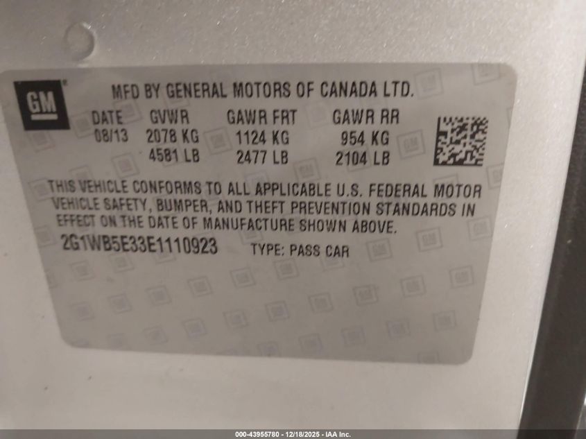 2014 Chevrolet Impala Limited Lt VIN: 2G1WB5E33E1110923 Lot: 43955780