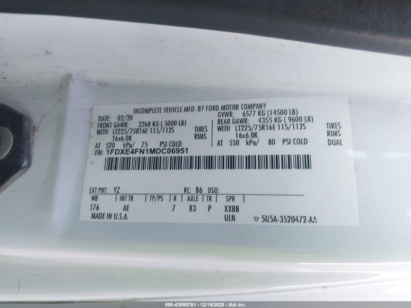 2021 Ford E-450 Cutaway VIN: 1FDXE4FN1MDC06951 Lot: 43955781