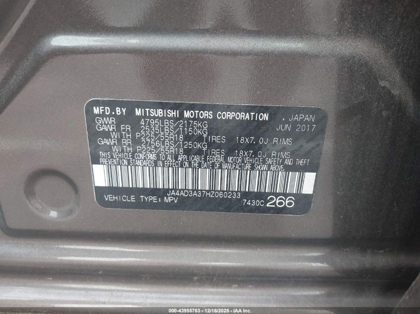 2017 Mitsubishi Outlander Sel VIN: JA4AD3A37HZ060233 Lot: 43955783