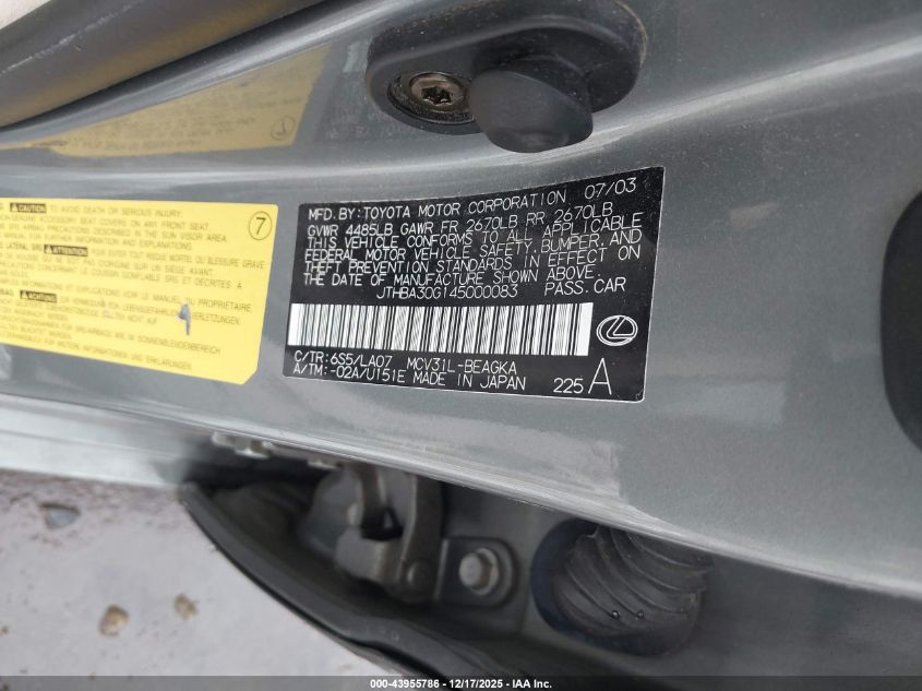 2004 Lexus Es 330 VIN: JTHBA30G145000083 Lot: 43955786