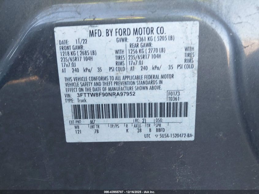 2022 Ford Maverick Xlt VIN: 3FTTW8F90NRA97952 Lot: 43955787