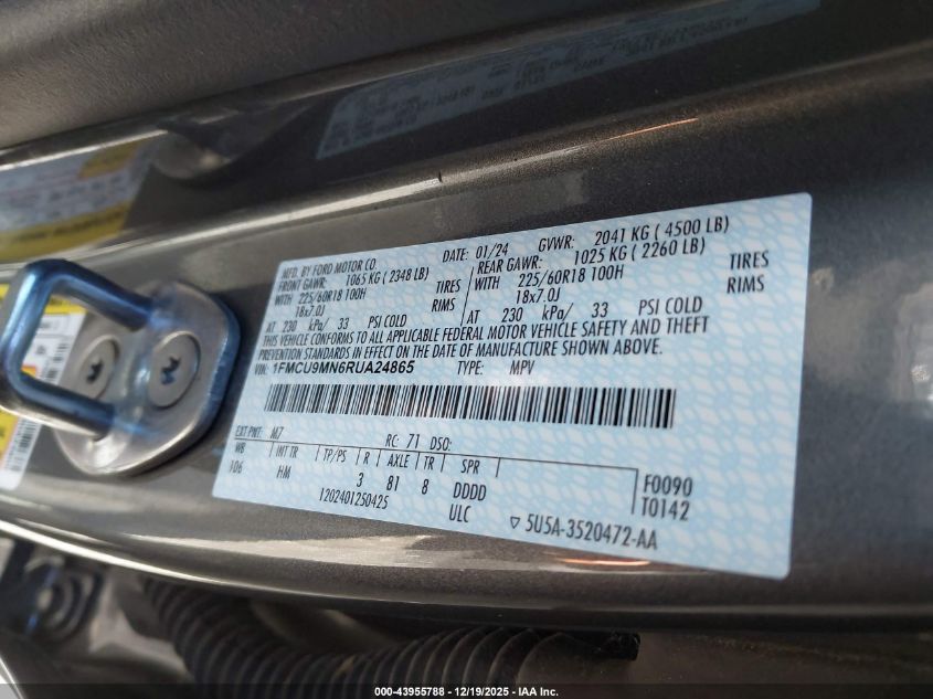 2024 Ford Escape St-Line VIN: 1FMCU9MN6RUA24865 Lot: 43955788