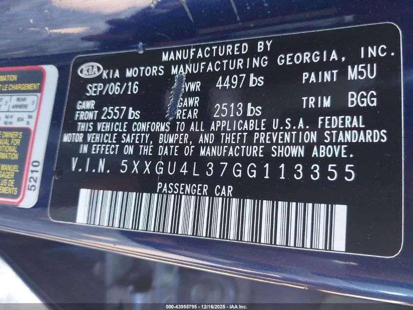 2016 Kia Optima Ex VIN: 5XXGU4L37GG113355 Lot: 43955795