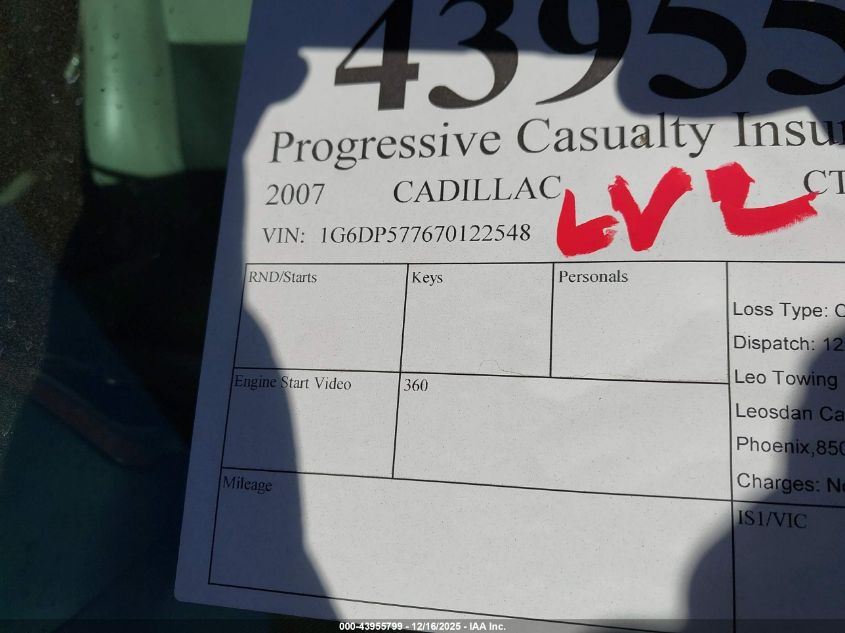 2007 Cadillac Cts Standard VIN: 1G6DP577670122548 Lot: 43955799