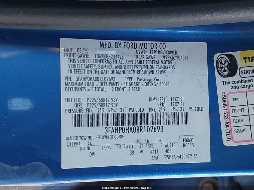 2011 Ford Fusion Se VIN: 3FAHP0HA0BR102693 Lot: 43955801