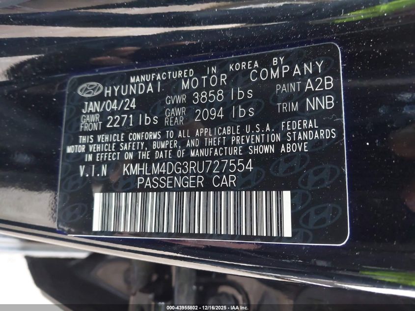 2024 Hyundai Elantra Sel VIN: KMHLM4DG3RU727554 Lot: 43955802