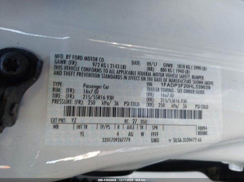 2017 Ford Focus Se VIN: 1FADP3F20HL339039 Lot: 43955806